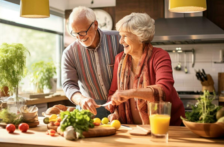 older couple cooking together in kitchen